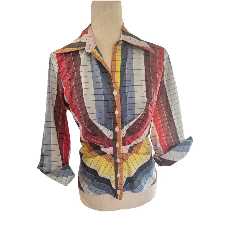 Finley Rainbow Top Plaid Ruched Button Down Multicolor Retro 70s Stretch Small